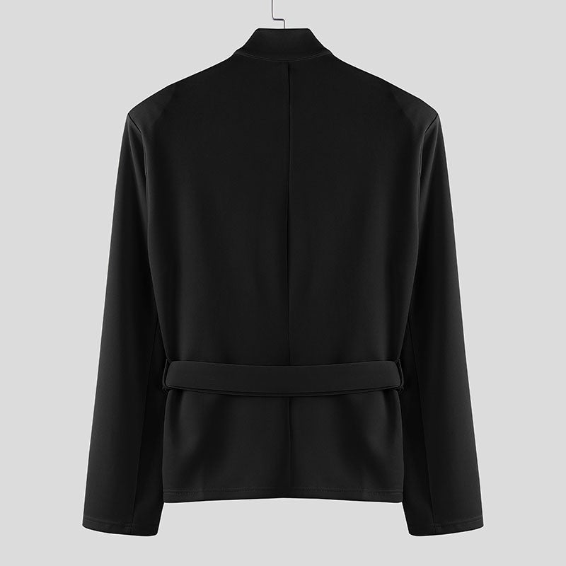 INCERUN Men Blazer Solid Stand Collar Long Sleeve Hollow Out Male Suit Streetwear Personality Fashion Casual Blazer With Belt