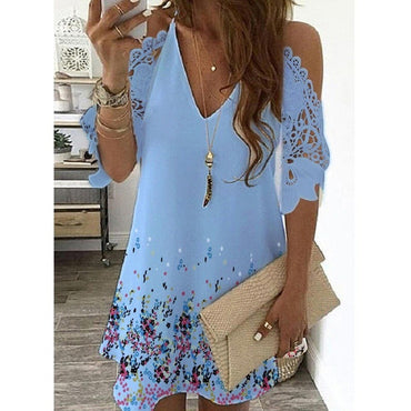 Plus Size Sexy Off Shoulder Dress Women Vintage Floral Lace Half Sleeve Mini Dresses Casual Sling V Neck Beach Party Dresses