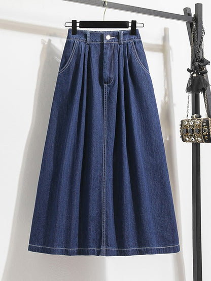 Plus Size Denim Skirt Women Summer 2025 New Korean Style High Waist A Line Pleated Long Jean Skirt Casual Women Maxi Skirt