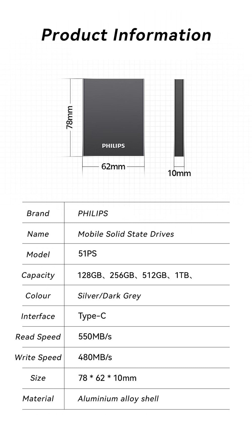 PHILIPS Portable SSD, 1TB External Solid State Drive, Speeds Up to 550MB/s, USB 3.2 Gen 2, Reliable Storage for Gaming, Students