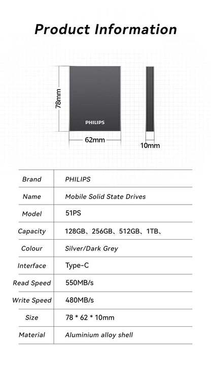 PHILIPS Portable SSD, 1TB External Solid State Drive, Speeds Up to 550MB/s, USB 3.2 Gen 2, Reliable Storage for Gaming, Students