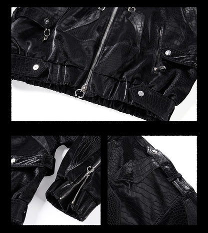 Mauroicardi Spring Autumn Cool Short Shiny Black Crocodile Print Pu Leather Jacket Men Luxury Designer Y2K Streetwear Clothes