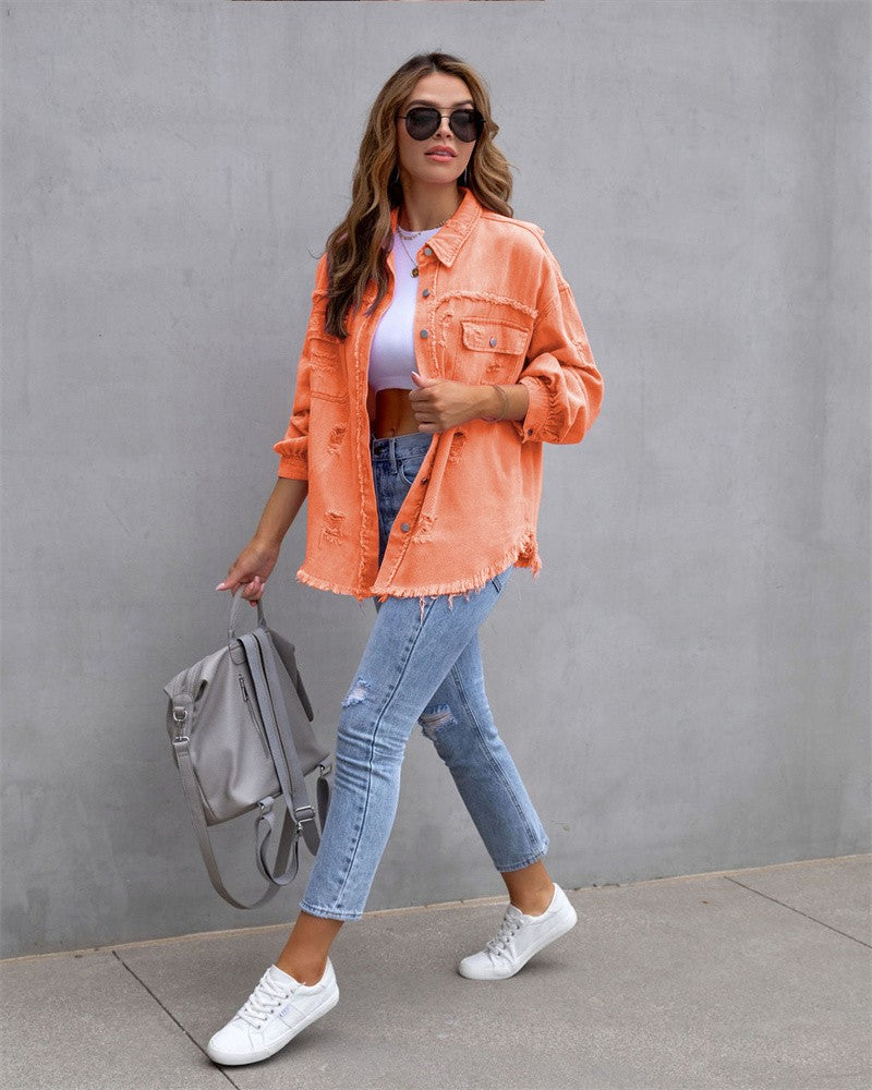 2025 Holes Raw-edges Denim Jacket Women Spring Autumn Shirt Style Jeancoat Casual Top Rose-Red Orange Purple Outerwear Lady Coat