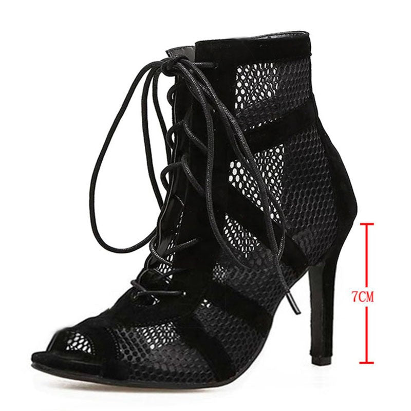 Black Sexy Lace Up Cross-tied Women Shoes Comfort High Quality Thin Heels Open Toe Dancing Sandals Ankle Strap Hollow Out Pumps