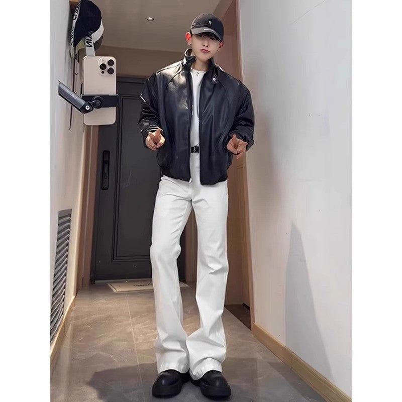 Calça Jeans Branca Casual de Perna Reta Masculina Slim Fit Algodão Poliéster Resistente ao Desgaste para Primavera Estilo High Street