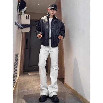 Calça Jeans Branca Casual de Perna Reta Masculina Slim Fit Algodão Poliéster Resistente ao Desgaste para Primavera Estilo High Street