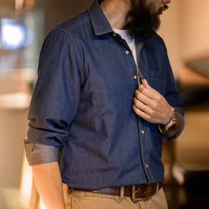 Maden Men Vintage Single Pocket Workwear Denim Shirt Long Sleeved Slim Fit Casual Shirt Single Breasted Turn-Down Collar Blouse