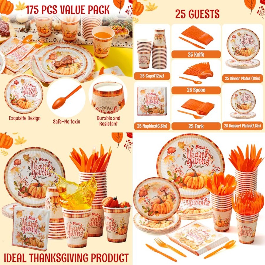 175 PCS Thanksgiving Disposable Paper Plates Paper Gold Disposable Dinnerware Set for Fall Harvest Thanksgiving Parties Ideal f
