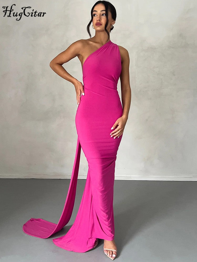 Hugcitar One Shoulder Backless Adjustable Scarf Loop Ruched Sexy Maxi Dress Wome