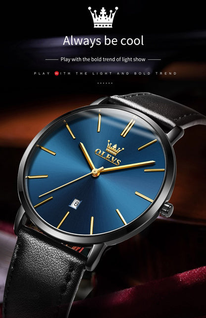 OLEVS 5869 Watch Man Casual Fashion Original Quartz Watch Waterproof Luminous Leather Strap Watches For Men Thin Watch Dial