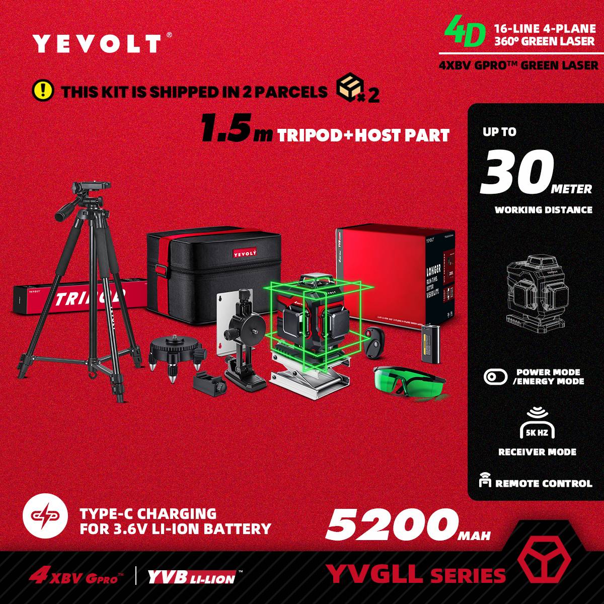 Nível a Laser Verde YEVOLT YVGLL4XS16 Series 4 Planos 16 Linhas Autonivelante 360 3D Ferramentas de Medição de Potência Horizontal e Vertical