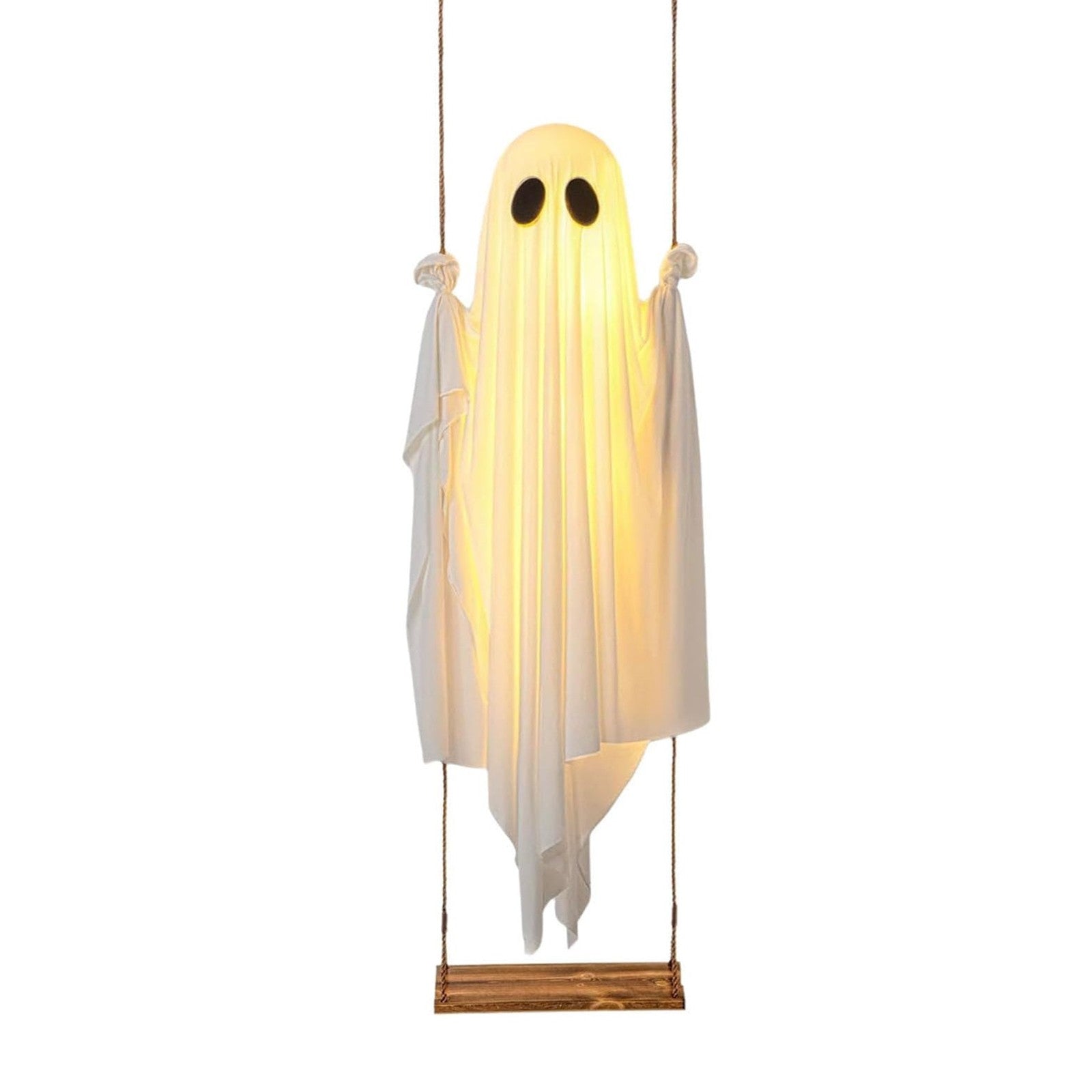 6FT Large Hanging Swing Ghost Halloween Decoration Cute White Ghost with String Light Spooky Ghost Ornament for Porch Yard Trees