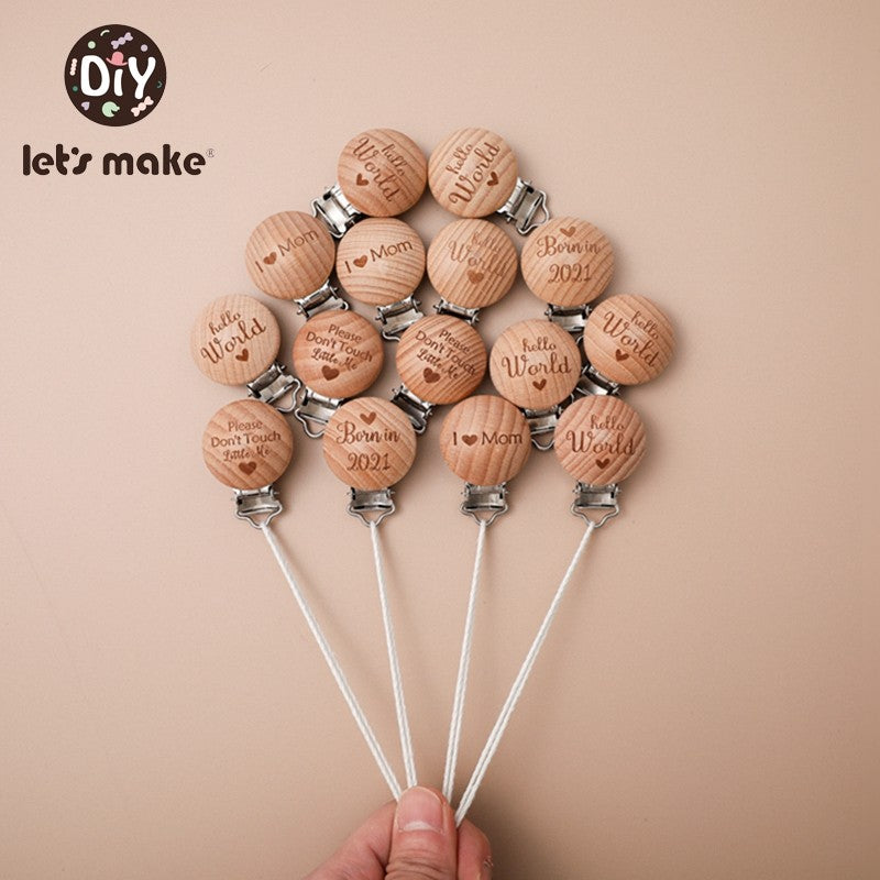 [Sale] Let's Make 5Pcs Baby Teething Beech Wooden Pacifier Chain Clip Baby Food Grade Shape Holder Dummy Clip for DIY Accesories