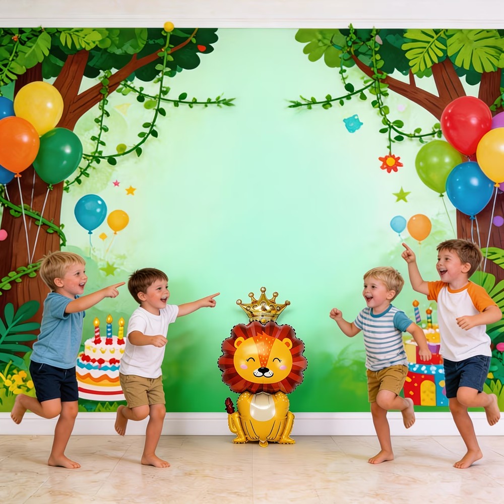 Cute Crown Little Lion King Foil Balloon, Cartoon Lion with Golden Crown Mylar Balloon for Jungle Safari Wild Animal Theme Birth