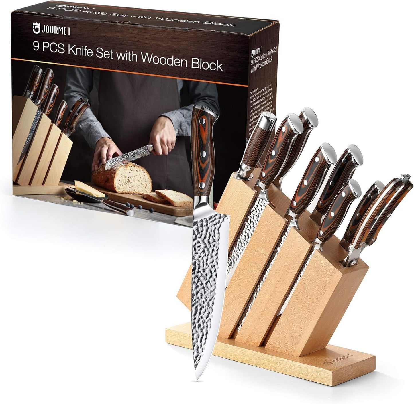 Knife Set with block, 9PC High Carbon Stainless Steel Knife Set with Pakka Wood Handle and Beech Wood Block