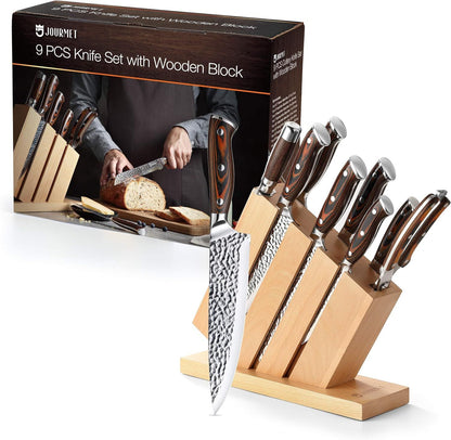 Knife Set with block, 9PC High Carbon Stainless Steel Knife Set with Pakka Wood Handle and Beech Wood Block