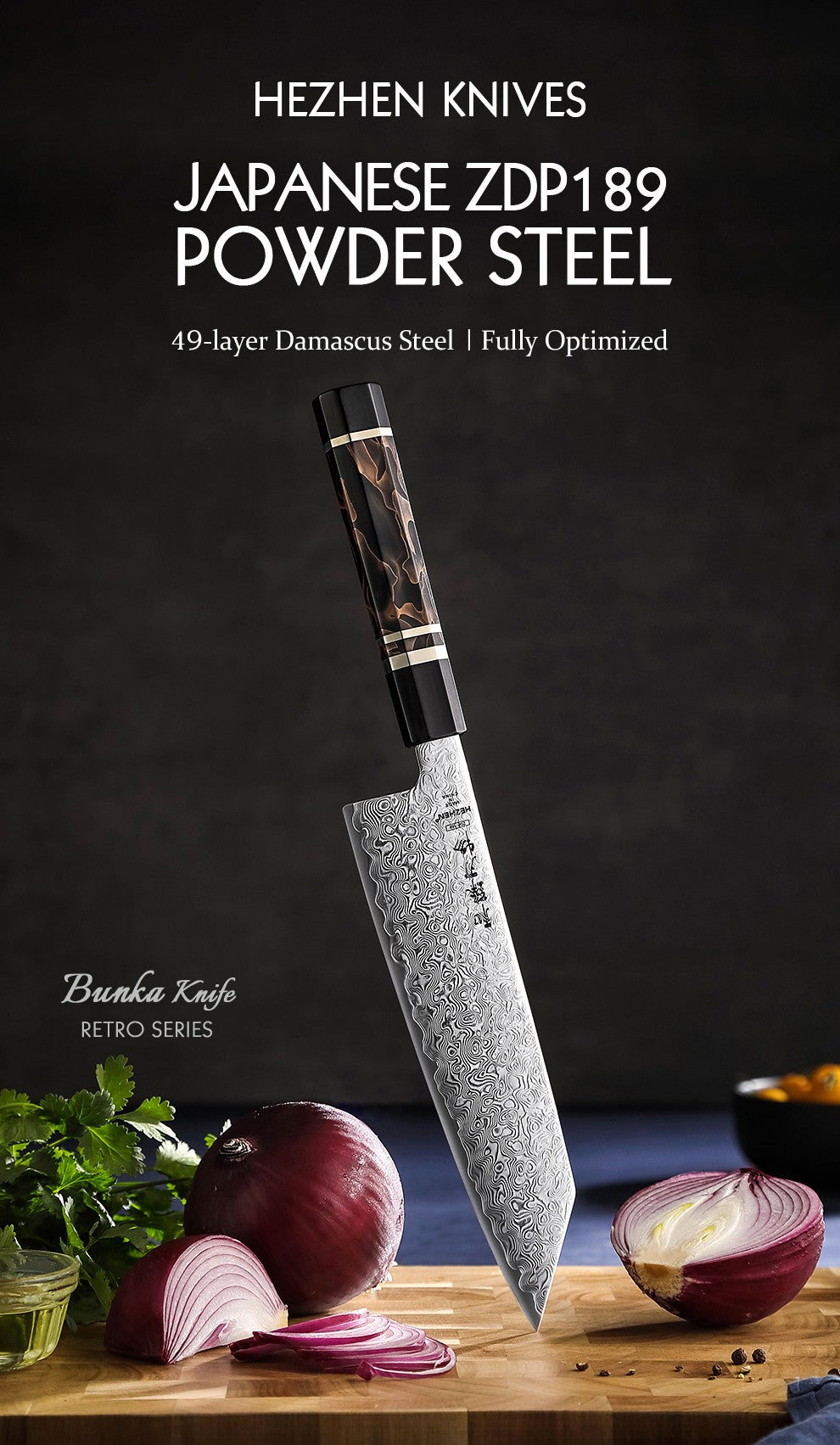 HEZHEN 8.3 Inch Bunka Knife 49 Layers ZDP-189 Damascus steel Powder Core Steel Kitchen Cook Wooden Gift Box kiritsuke Knife