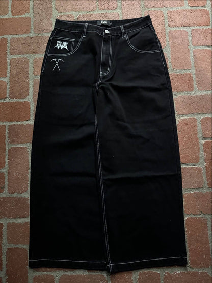 NOVOJeans Estampado Cartum Gótico Retrô Ceifador Vintage Masculino e Feminino Calça de Cintura Baixa Perna Larga Hip Hop Roupa