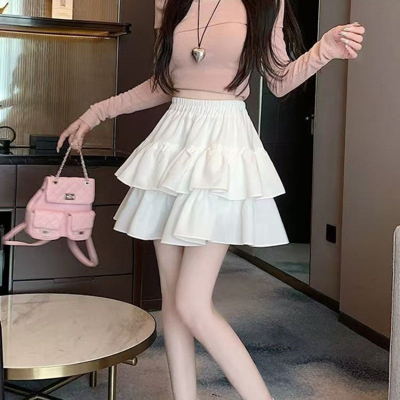 Korean Chic Y2K Sweet Girl's White Princess Mini Skirt Ballet-style Tiered Skirt Elastic High Waist Cake Skirt Shorts All-match