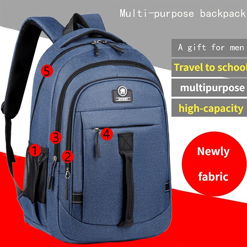 The men's backpack is suitable for business trips. It has a hand-held design with multiple pockets and is a book bag.