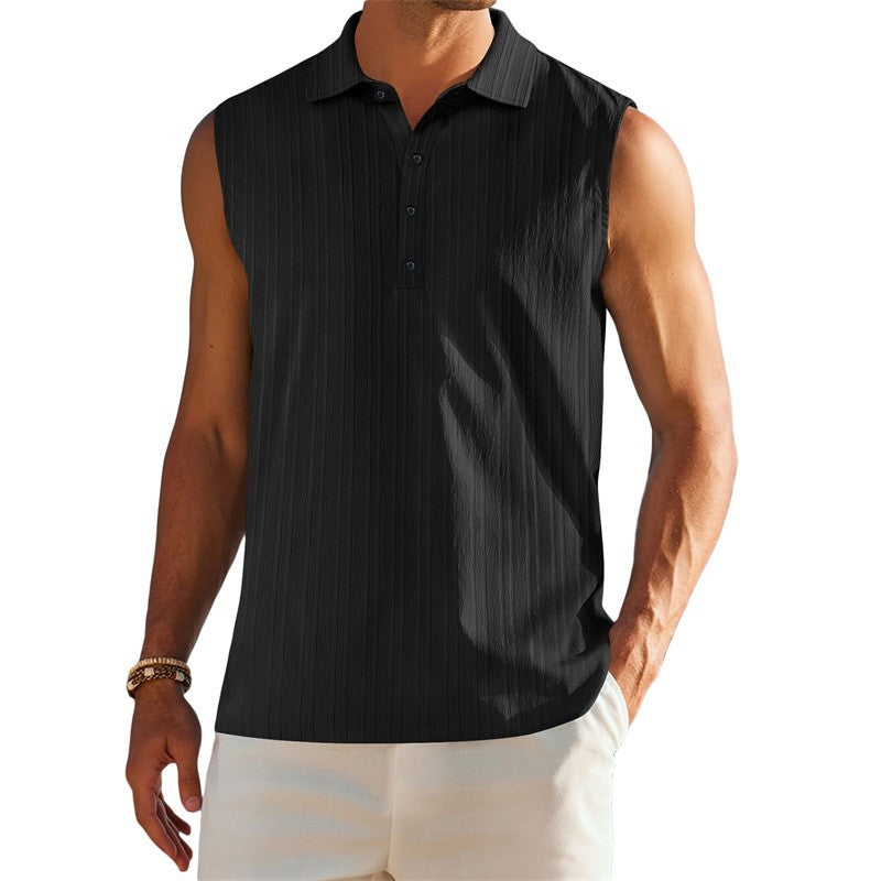 Men s Sleeveless Collared Tank Tops with Textured Stripes and Half Button-up Detail Solid Color Casual Shirts for Summer Wear