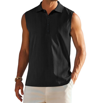 Men s Sleeveless Collared Tank Tops with Textured Stripes and Half Button-up Detail Solid Color Casual Shirts for Summer Wear