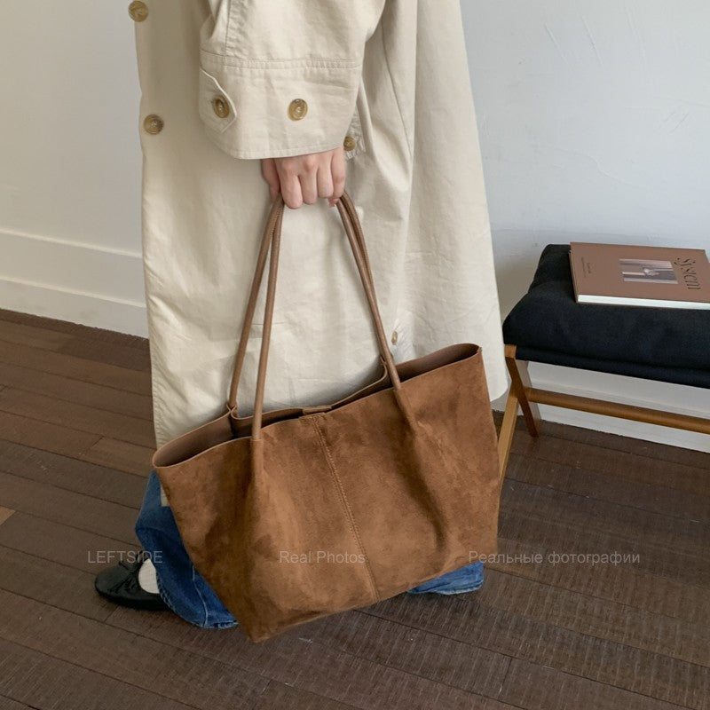 LEFTSIDE Women Faux Suede Shoulder Bag 2025 Winter Retro Soft Tote Bag Luxury Designer Trend Female High Capacity Handbags