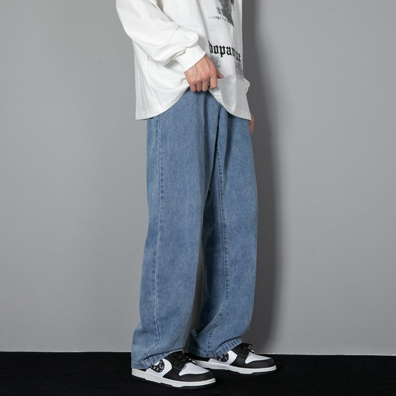 2025 Nova Calça Jeans Longa Casual Masculina Coreana Clássica Masculina Reta Jeans Perna Larga Cor Sólida Azul Claro Cinza Preto