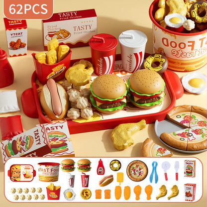 Conjunto de Brinquedos de Cozinha Infantil Simulação de Hambúrguer Pizza Batata Frita Brinquedo de Faz de Conta Comida Cozinha Jogo de Cortar Brinquedo Interativo Montessori Presente