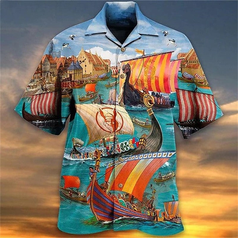Retro Aircraft Printed Shirts Casual 3D Denim Pattern men's Clothing Hawaiian Beach Short Sleeved Shirt Outdoor Casual men's Top