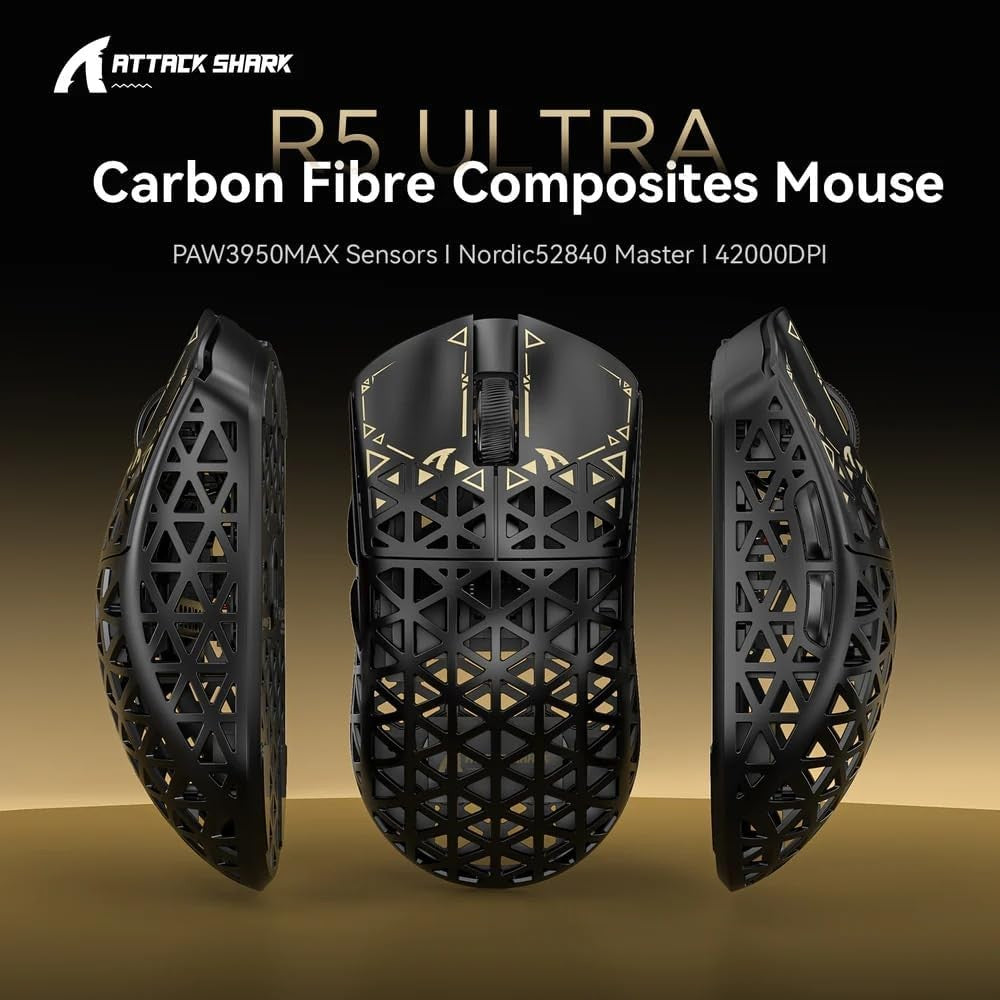 ATTACK SHARK R5 8K Wireless Gaming Mouse, 42K DPI -PAW3950 MAX Sensor -39g Ultra-Lightweight Carbon Fiber Hollowed-Out Design