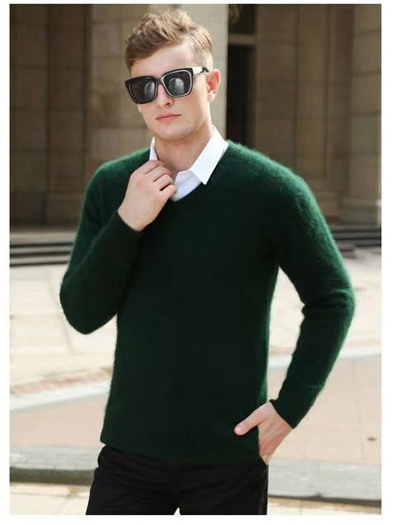 Autumn And Winter New Warm Pure Mink Cashmere Sweater Men's V-neck Pullover Thickened Plus Size Knitted Bottoming Shirt