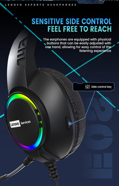 Fone de ouvido gamer com fio Lenovo E08 com microfone, luz RGB para computador e laptop, efeitos de som surround virtual 7.1, headset para E-sports