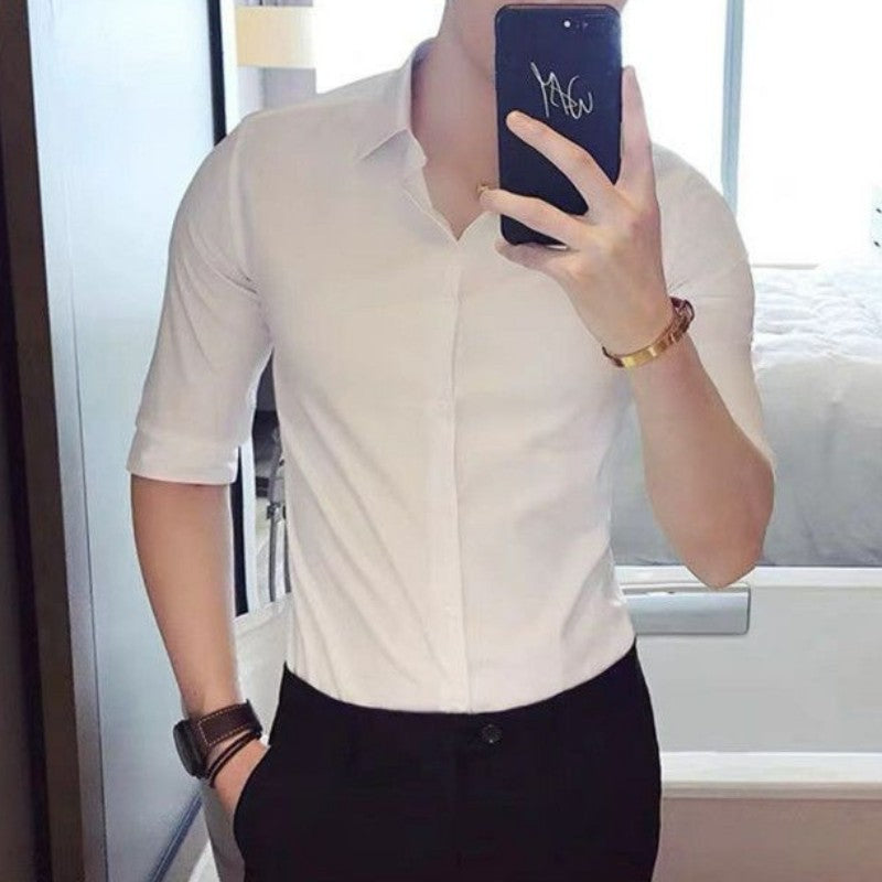Korean Fashion Trend Casual Elastic Design Sense Short Sleeve Shirt Men's Solid Lapel Collar Button Breathable Simple Slim Tops