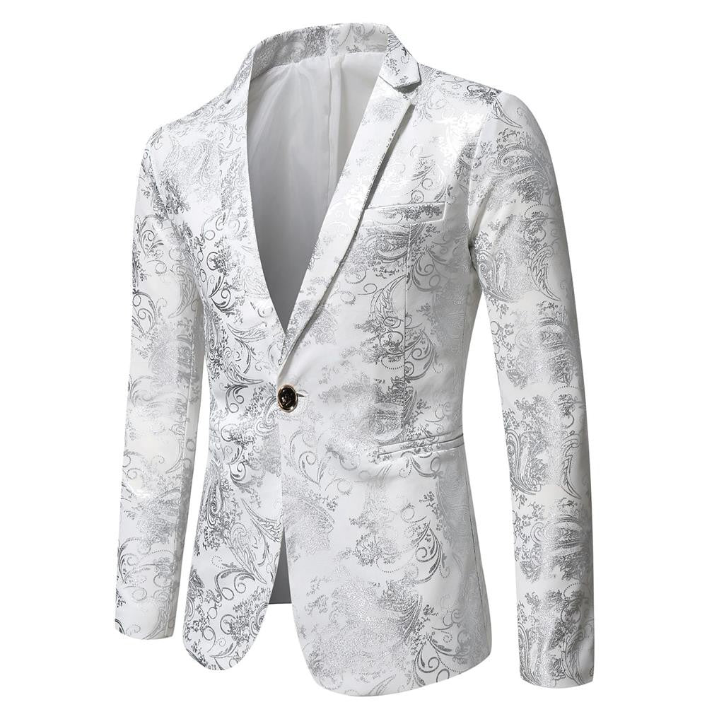 Men's Slim Fit Print Blazer Jacket 2025 Fashion Handsome Business Casual Silver Stage Show Suit Small Menswear