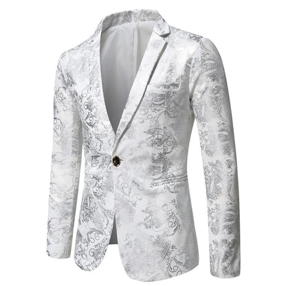Men's Slim Fit Print Blazer Jacket 2025 Fashion Handsome Business Casual Silver Stage Show Suit Small Menswear