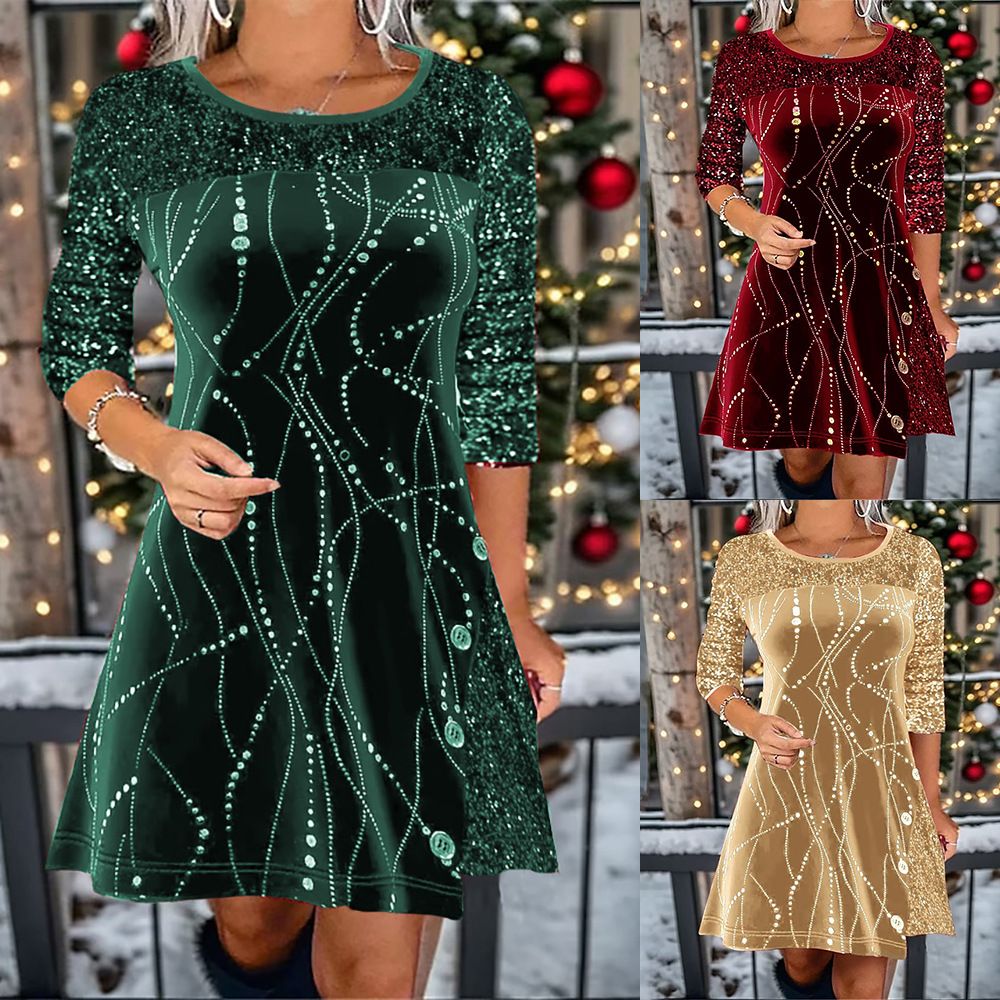 New 2026 Women's Print Casual Christmas Dress Vintage Chic Pattern Mini Dresses Autumn Winter Fashion Sequins Club Party Dress