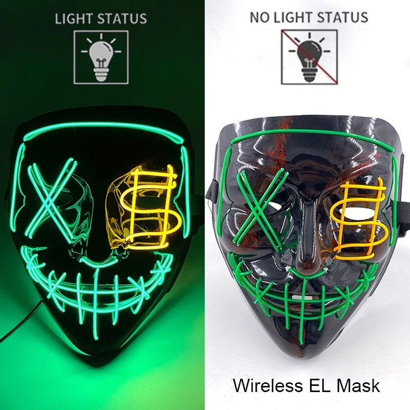 Wireless Neon LED Purge Mask Multi Glow Horror Face Cover Unisex Light Up Headgear For Halloween Masquerade Carnival Cosplay