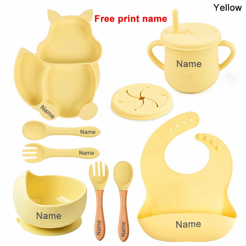 Baby Silicone Sucker Bowl Plate Cup Bibs Spoon Fork Sets Children Tableware Baby Feeding Dishes Sets Personalized Name BPA Free