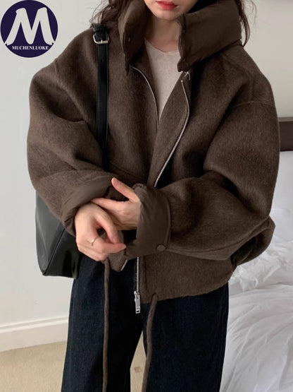 New Coats and Jackets Autumn Winter New Elegant Hooded Detachable Lace Up Short Woolen Coat Korean Fashion Casual Loose Jackets