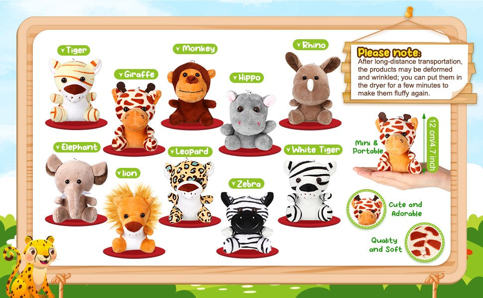 10-50 PCS Small Safari Stuffed Animals Bulk 12cm Jungle Animal Mini Plush Toys for Party Favors Birthday Baby Shower Gift Bags