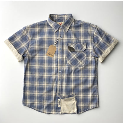 2025 Summer New American Retro Short Sleeve Lapel Plaid Cargo Shirt Men's Simple 100% Cotton Washed Single Pocket Casual Blouses