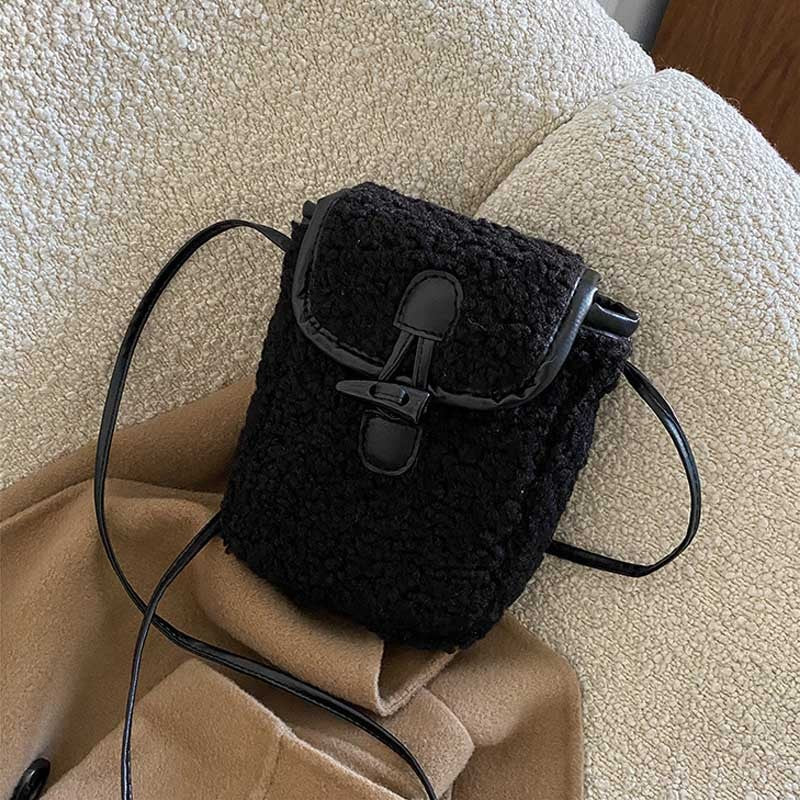 Fashion Winter Lambswool Phone Bag Sweet Lovely Portable Women Wallets Square Purse Faux Fur Plush Shoulder Bags Purses Handbags