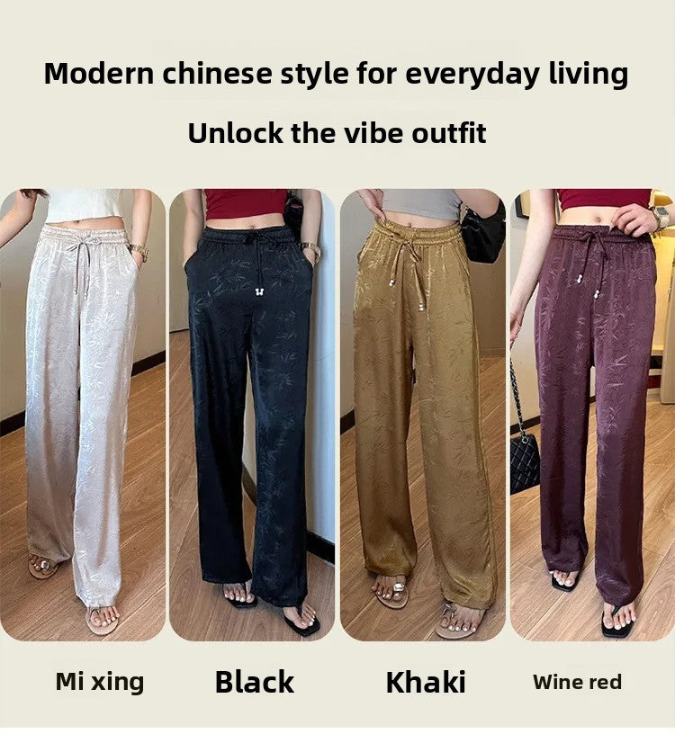 Plus Size Acetate Wide Leg Pants Women's Spring Autumn National Style Print High Waist Slimming Drapey Cool Large Size Women'...