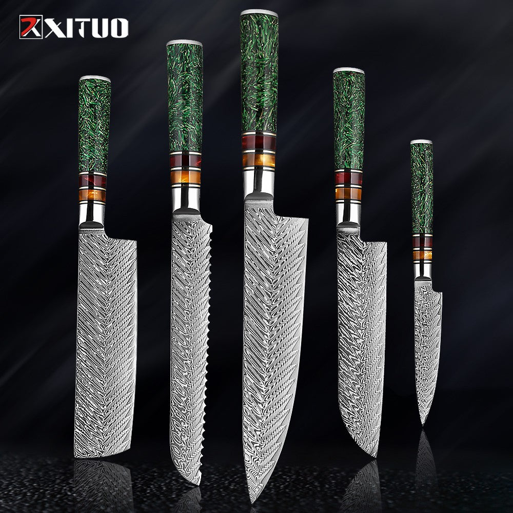 Conjunto de Facas de Cozinha XITUO Luxury Damascus Japonesas Chef Santoku Faca Cutelo Descascar Faca de Pão Cabo de Resina Sintética Destaque