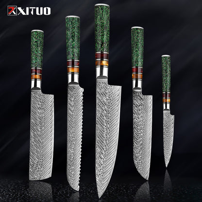 Conjunto de Facas de Cozinha XITUO Luxury Damascus Japonesas Chef Santoku Faca Cutelo Descascar Faca de Pão Cabo de Resina Sintética Destaque
