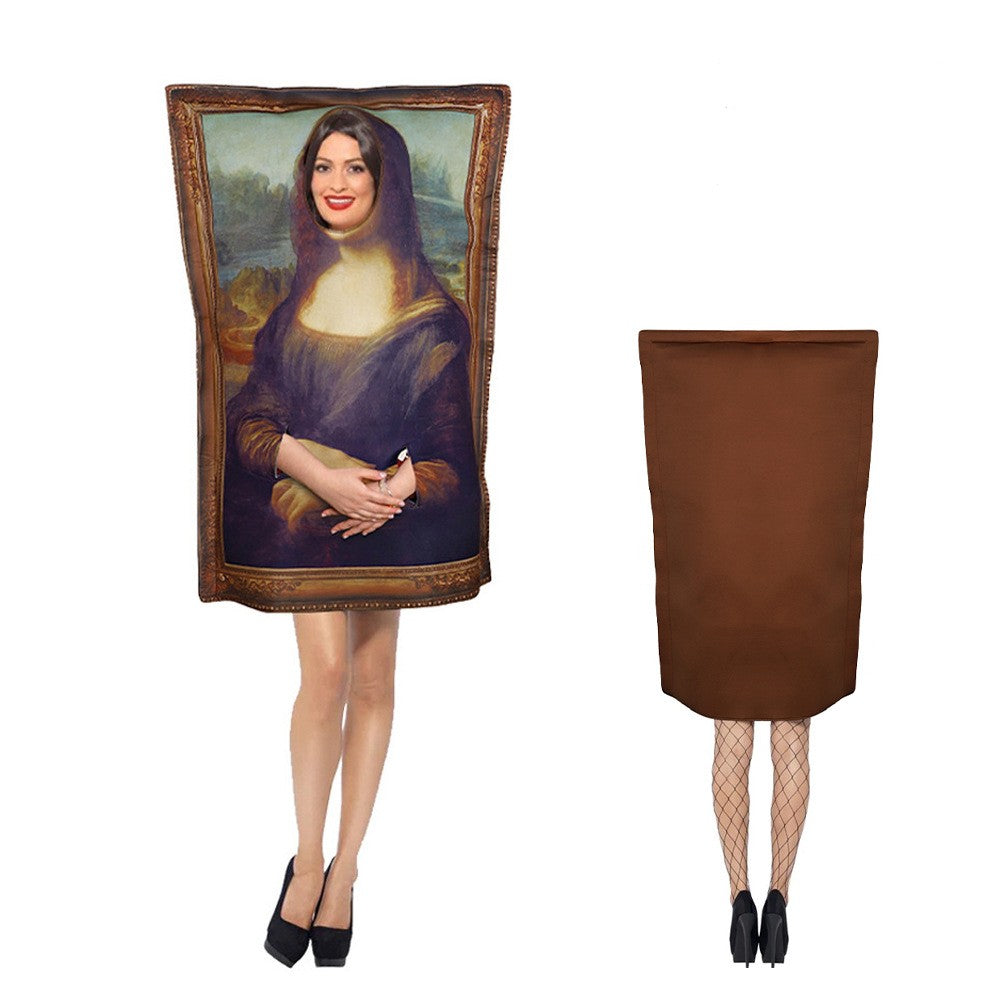 Funny Daddy Poo Costume & Mona Lisa Parody Mural Cosplay Outfit for Halloween School Party Parent-Child Matching Set
