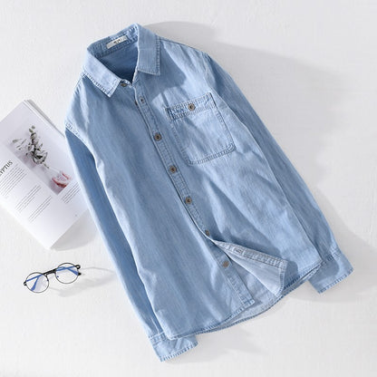 Spring Japanese Sle Loose Casual Long Sve Men's Denim irt Vintage Simple Outerwear Youth Faion Stand Fit Button up