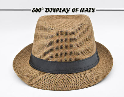 Fashion Unisex Women Men Straw Hat Ribbon Curling Brim Jazz Fedora Hat Panama Gangster Cap Outdoor Beach Parent-Child Sun Hats
