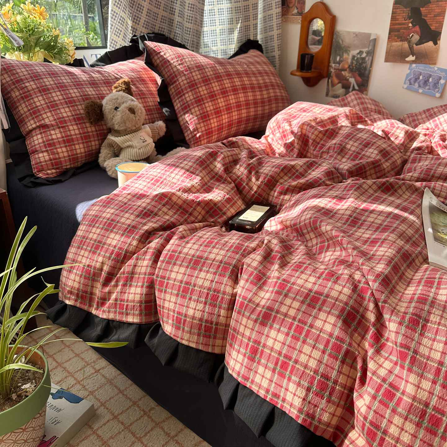 Plaid Bedding Set Double Yarn Classic Vintage Duvet Cover Set Flat Sheets Set 2 Pillowcases Single Twin Full Queen Size